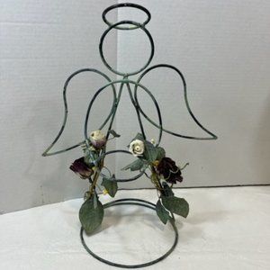 Metal Christmas Angel Purple Roses Candle Holder Green Painted Finish 14"
